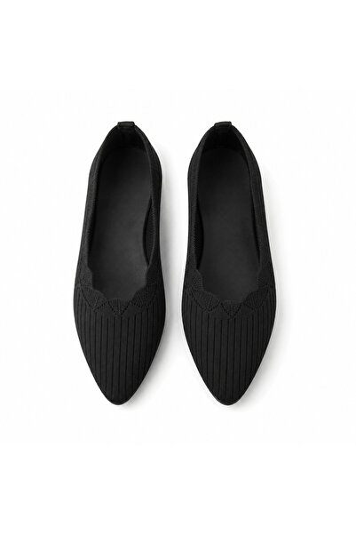 Generic Brand Women's Knitted Pointed-Toe Scalloped Trim Ballerina Flats (Bla...
