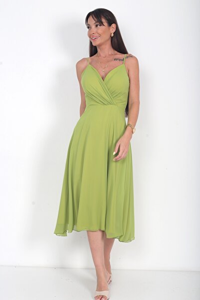 By Saygı Women's Rope Strap Double Breasted Collar Lined Chiffon Flared Midi ...