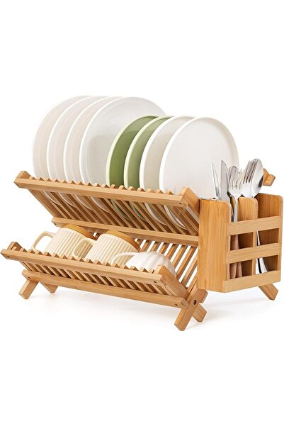 NALACAL Bamboo Dish Drying Rack, Collapsible 2 Tier Dishs Rack Dish Drying Ra...
