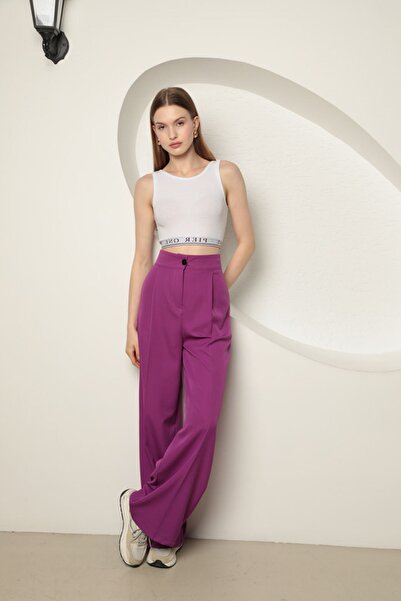 Clothes Fast Γυναικείο μωβ παντελόνι Palazzo με ψηλή μέση, τσέπες με κουμπιά ...