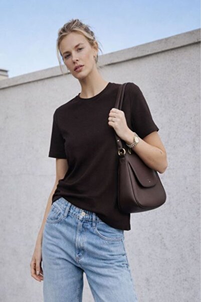 Moda Days Women's Coffee Color Basic T-Shirt, Crew Neck, Short Sleeve, Plain ...