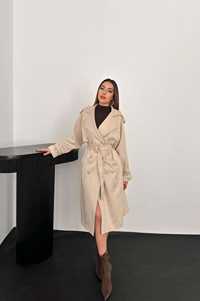 Moda Days معطف نسائي من جلد الغزال البيج بأكمام راجلان وحزام مزدوج الصدر متوس...