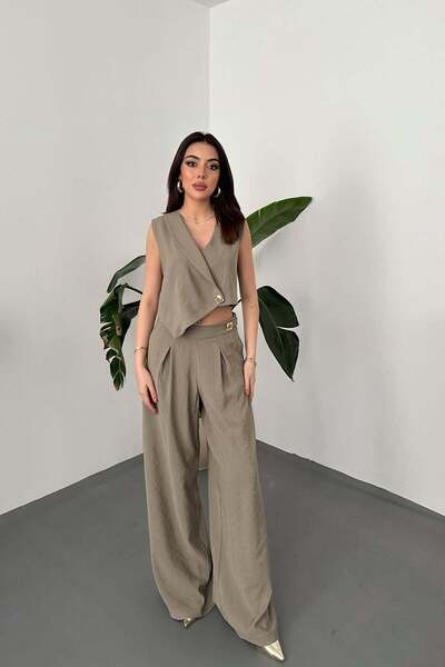 Clothes Fast طقم سترة وبنطلون كاكي للسيدات، سترة غير متماثلة مع بنطلون واسع ا...