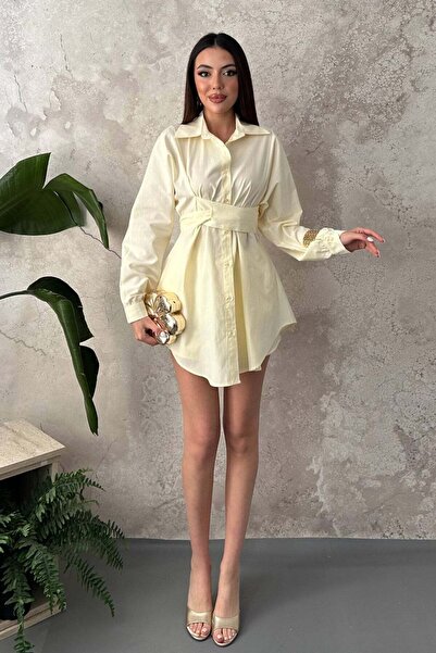 Moda Days قميص نسائي أصفر بياقة وأكمام طويلة مع حزام عند الخصر وأزرار، طقم قص...