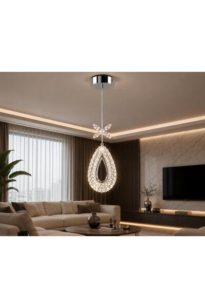 Tekli Modern Led Avize Krom Renk Kristal Görünüm Beyaz Işık Enerji Tasarruflu Hol Yemek Odası