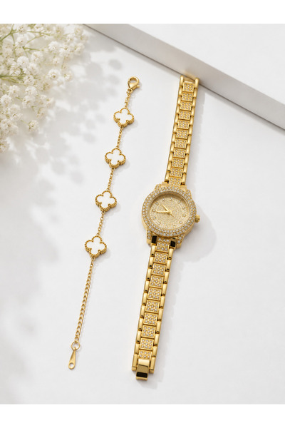 DeNors Zircon Stone Women's Wristwatch & Clover Bracelet Set – 2-Piece Elegance