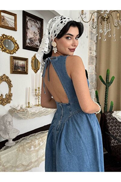 Moda Days Women's Dark Blue Denim Midi Dress with Backless Tie Detail, Sleeve...