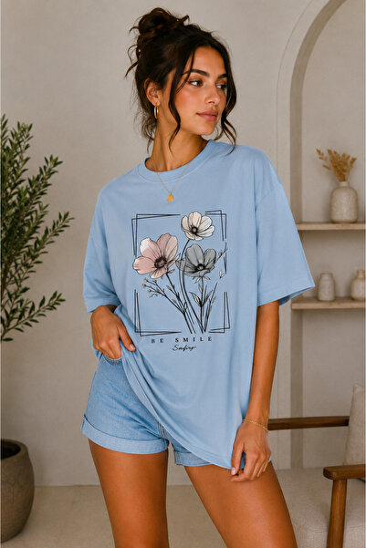 FECCY Premium Flowers Printed Oversize Women's T-Shirt Cotton Oversize T-Shirt