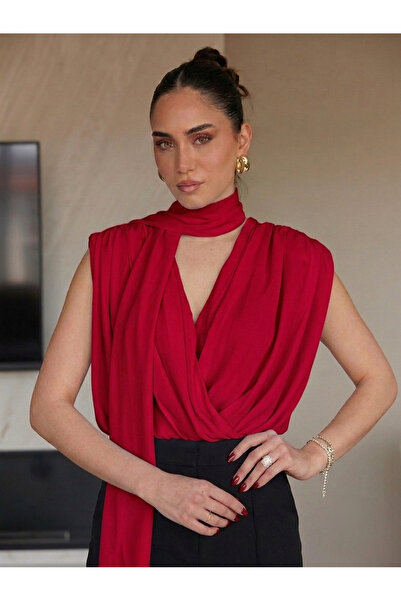 Lovely butik Kadın Vatkalı Fular Yaka Drape Detaylı Kruvaze Dökümlü Şık Bluz