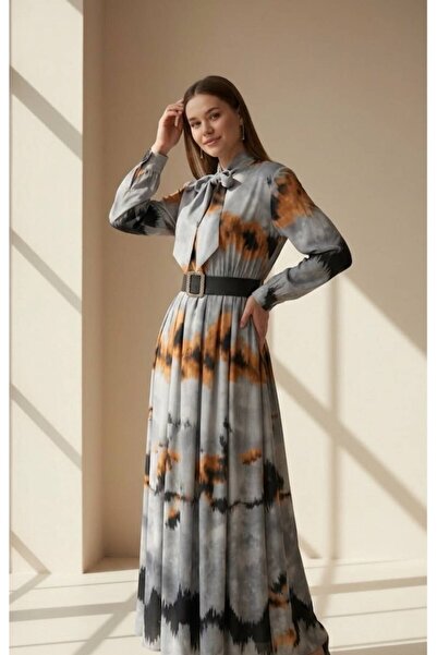 ELZORA WEAR Kadın Şık Desenli Piliseli Maxi Elbise