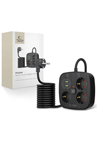 Tech-Protect Prelungitor cu 3 prize și 4 porturi USB pentru telefoane și comp...