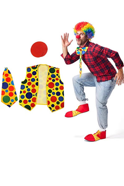 GGEROU 4PCS Clown Costume Set Adults Children Clown Wig Red Nose Tie Vest Acc...