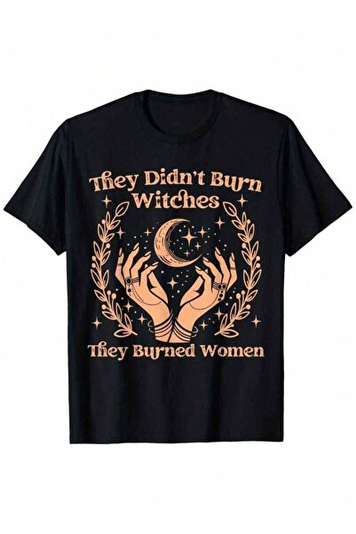 9JY Didn't Burn Witches They Burned Women Witchy Graphic Tee Bold Orange Text...