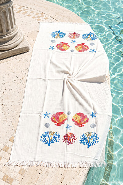 REMSA 100% Cotton Muslin Coral Patterned Beach Towel Bath Sauna Sea Towel Pes...