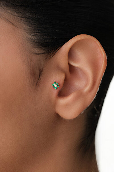 YAVUZ KUYUMCULUK 14 Ayar Altın Yeşil Taşlı Çiçek Tragus Piercing