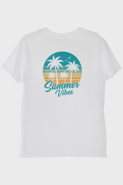 lofux Summer Vibes Printed Tropical Beach Design White T-Shirt