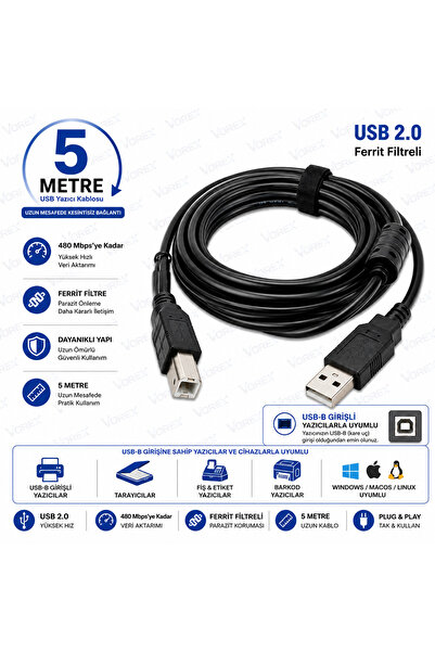 VOREX Gabble 5 metre USB 2.0 Yüksek Hızlı Yazıcı Kablosu Ferrit Filtreli PC P...