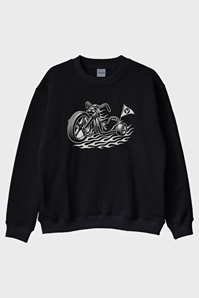 lofux Motorized Flag Design Biker Black Crew Neck Sweatshirt