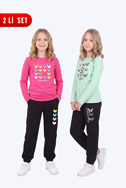 FYK KİDS Girl's 2-Piece Printed Long Sleeve Single Jersey Tracksuit Set
