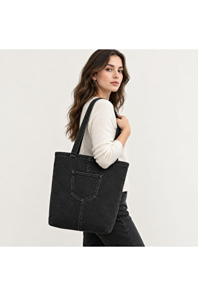 Noxter Geantă de umăr neagră din denim pentru femei