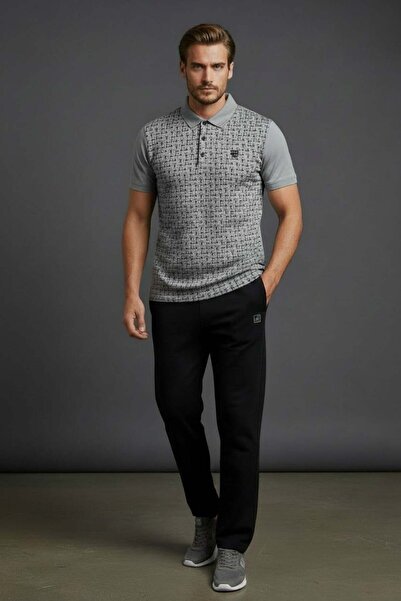 Piyera Men's Gray Two-Piece Tracksuit Set - Jacquard Fabric T-Shirt and Parac...