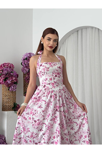 Clothes Fast فستان نسائي متوسط الطول بياقة هالتر وحزام خصر مزين بالزهور باللو...