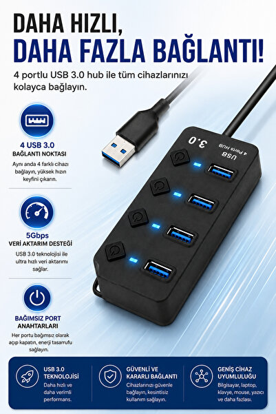 Coverzone USB 3.0 Hub 4 Port USB Multiplexer 5Gbps with Switch Led Indicator ...