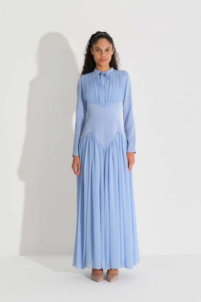 miha Hicran Önal Bel Formu Korse Look Crepe Dress Blue