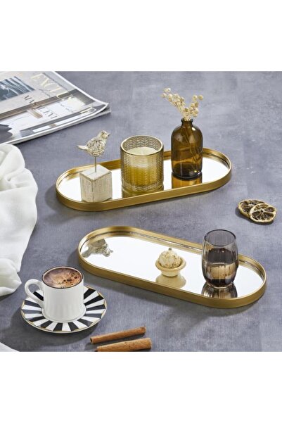 Altabi Mirrored Presentation Tray – Gold Framed 12 X 30 cm 2 Pieces Tray or W...