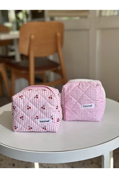 Batekso 2'li Pembe Çizgili Kiraz Ve Pembe Kare Desenli Makyaj Çantası - Küçük...