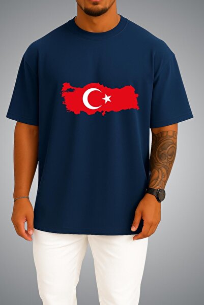 Bahriyeli Collection Oversize Turkish Flag and Map Chest Printed Unisex T-Shirt