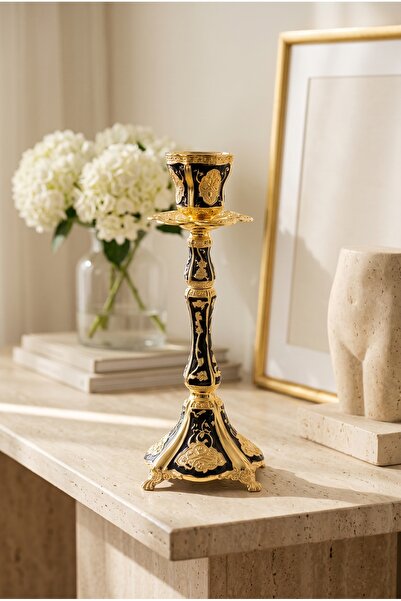 RASHA COLLECTION Altın ve Siyah İşlemeli Dekoratif Ayaklı Şamdan 28 cm