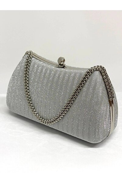 NAZART Women's Striped Silver Evening Dress Clutch Chain Strap Hand and Shoul...