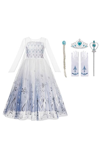 OEM Costum de carnaval Elsa Frozen pentru fete, cu mănuși, coroană, baghetă, ...