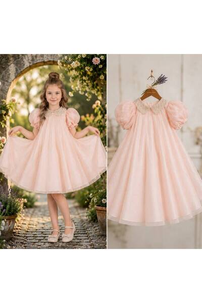 NO BRAND Girl's Dress with Ruffles and Puff Sleeves - Luxurious Pink Tulle