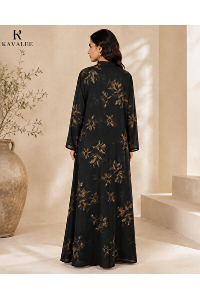 KAVALEE Women’s Black & Gold Floral Print Abaya – Elegant Full-Length Modest ...