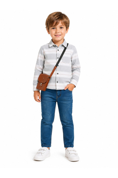 gülerçocuk Boy's Striped Long Sleeve Shirt Gray White