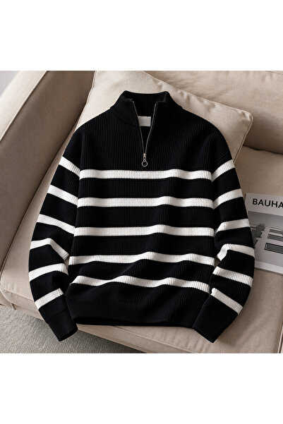 threeoff Men's Premium Ribbed Striped Knitwear Sweater with Half Zipper Moder...