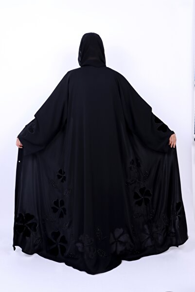 Izzah Bella Elegant Black Nida Abaya with Velvet Floral Applique and Beadwork...