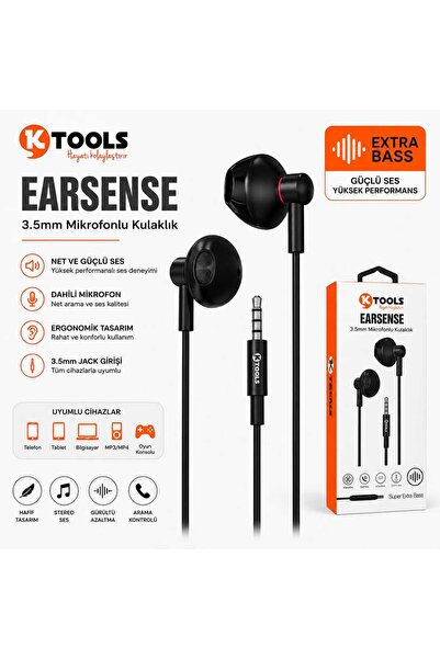 Ktools Earsense Kablolu Kulak içi Kulaklık 3.5mm Jack Girişli Net Ses Dahili ...