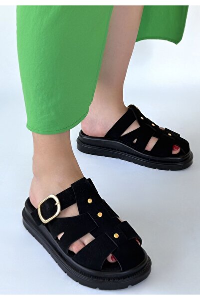 DMR Elegance Ellia Black Suede Buckle Slippers
