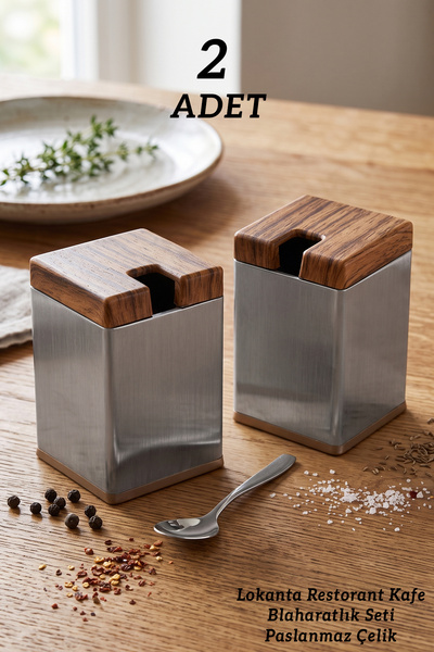 FİTHOME 2-Piece Stainless Steel Spice Rack Set with Wooden Details – Modern S...