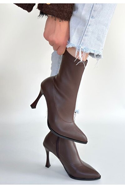 ALFA AKSESUAR 03 Orjen Brown Leather Stretch Heeled Boots