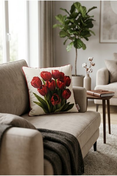 Rayda Home Decorative Red Tulip Printed Cushion Cover with Piping Detail and Digital Print Floral Pattern