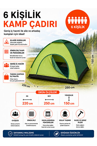 Realx 6 Kişilik Kamp Çadırı Kolay Kurulum Kaliteli Çadır 220X250X150 CM