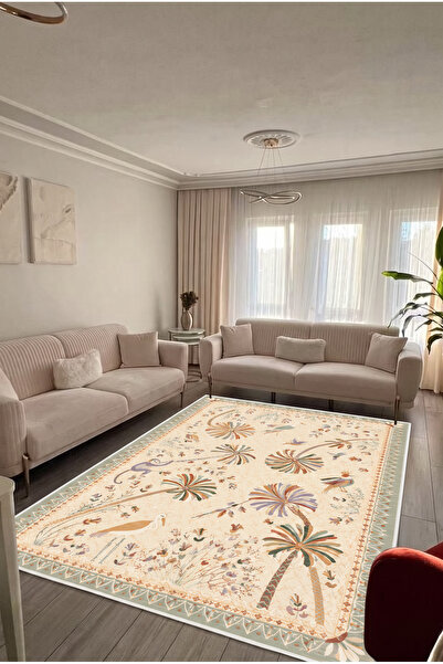 VOPTEKS Bej Renkli Halı Salon Halısı Makinede Yıkanabilir Kaymaz Taban Halı