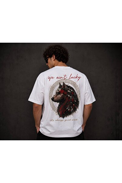 khufu White Crew Neck Oversize Fit Cotton T-Shirt with Wolf Print Detail and ...
