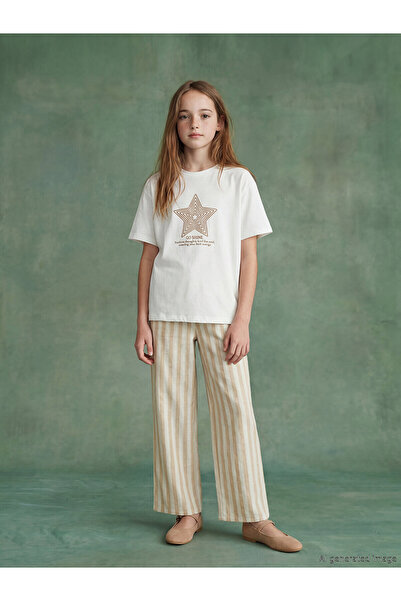 LC Waikiki Trendlucky Girl's T-Shirt and Pants with Oval Collar and Print wit...