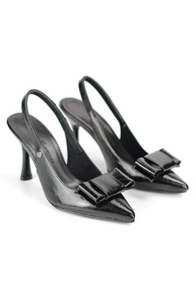 Lady Sunna Niveller Siyah Rugan Köşe Fiyonk Detaylı Sivri Burun Açık Topuklu (Slingback) Lastikli 8