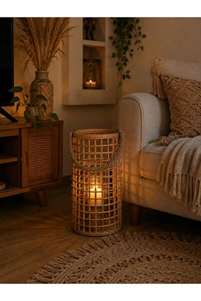 HÜCO BAZAAR Dekoratif Hediyelik 40 Cm Silindir Bambu Rattan Şık Mumluk/Şamdan...